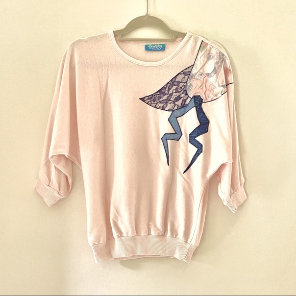 80s 90s Y2K Pink shirt with dolman sleeves & patchwork appliqué True Vintage - Picture 2 of 10